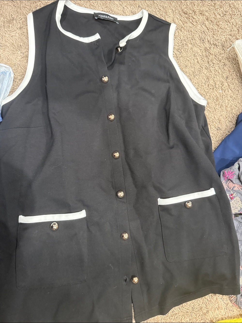 Sleeveless Black Vest with White Trim and Gold Buttons